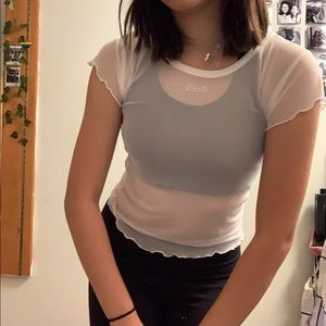 White mesh top, ruffle lettuce hem